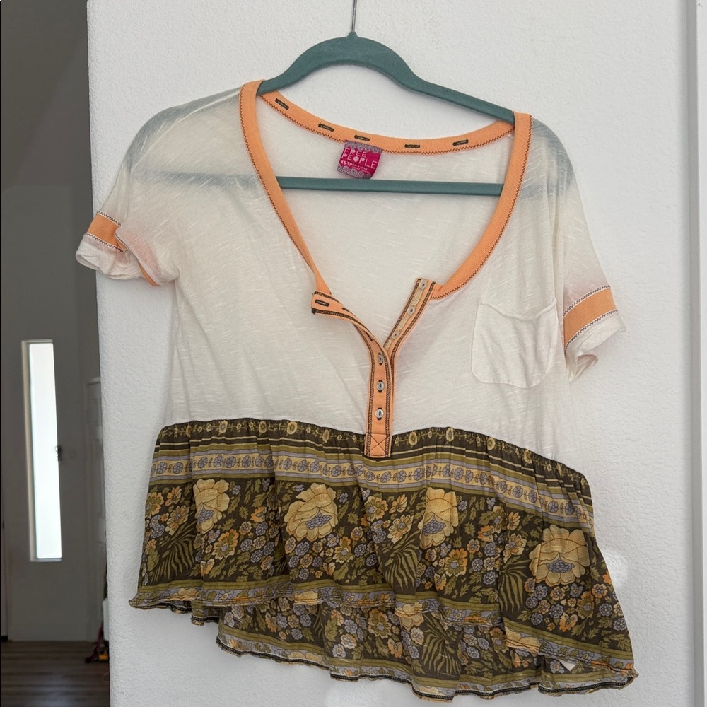 Free People Cream Scoop-Neck Blouse with Peach Trim & Olive Floral Hem